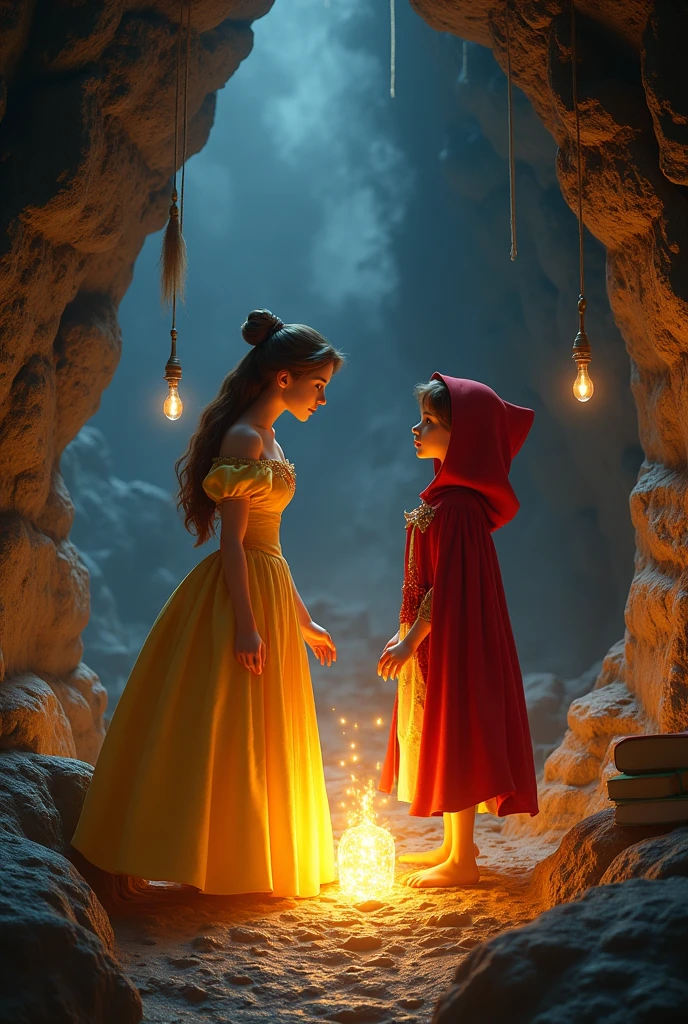 Belle and Little Red Riding Hood found the spell in the cave and performed it