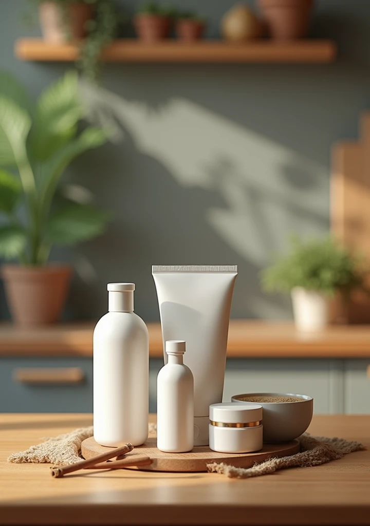 photography realistic, announcement, from front view, Products, create a blurred background and a wooden foreground table