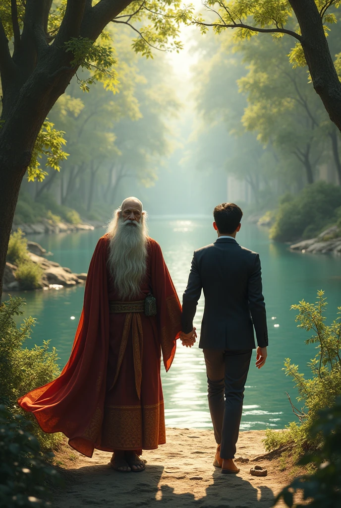 An old wisdomic man leading A young ambitious rich man from the city to a riverbank