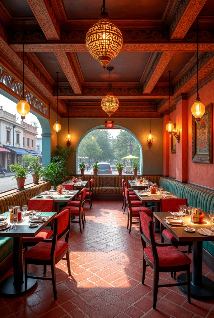 A beautiful Pakistani road side restaurant with multiple tables and sittings have esthetic environment
