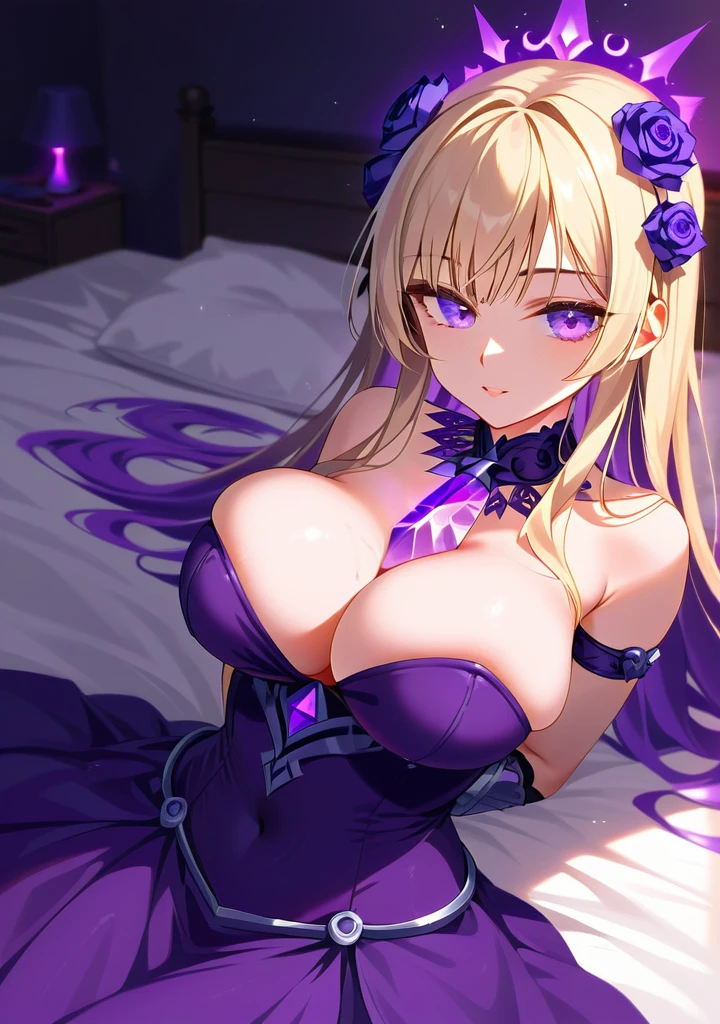 (close up) (full body pose) (breasts squeezed together:1.4) (groping breasts:1.5) (squeezing breasts:1.5) (hands sinking into breasts:1.2) (adult woman:1.2) (topless:1.1) (elaborate beautiful dress:1.2) (amethyst purple chains on wrists) (from above) (amethyst purple halo) (butt exposed:1.2) amethyst purple rose choker, night, dark cozy bedroom, mood lighting, on bed, Absurd, Perfect Anatomy, performance, Good lighting, Shadows in the movies, very large breasts, large butt, thin waist, Long HAIR, (blonde hair), (loving look:1.4), original HAIR style, Dynamic Angle, (detailed face:1.3) (dynamic lighting:1.5), (amethyst purple eyes) (amethyst purple leaf bracers on arms) (amethyst purple leaf hair piece) (elaborate amethyst purple necklace) (purple roses on bed:1.3) (purple roses in hair) (stunning beautiful amethyst purple eyes) (purple magical aura:1.2)