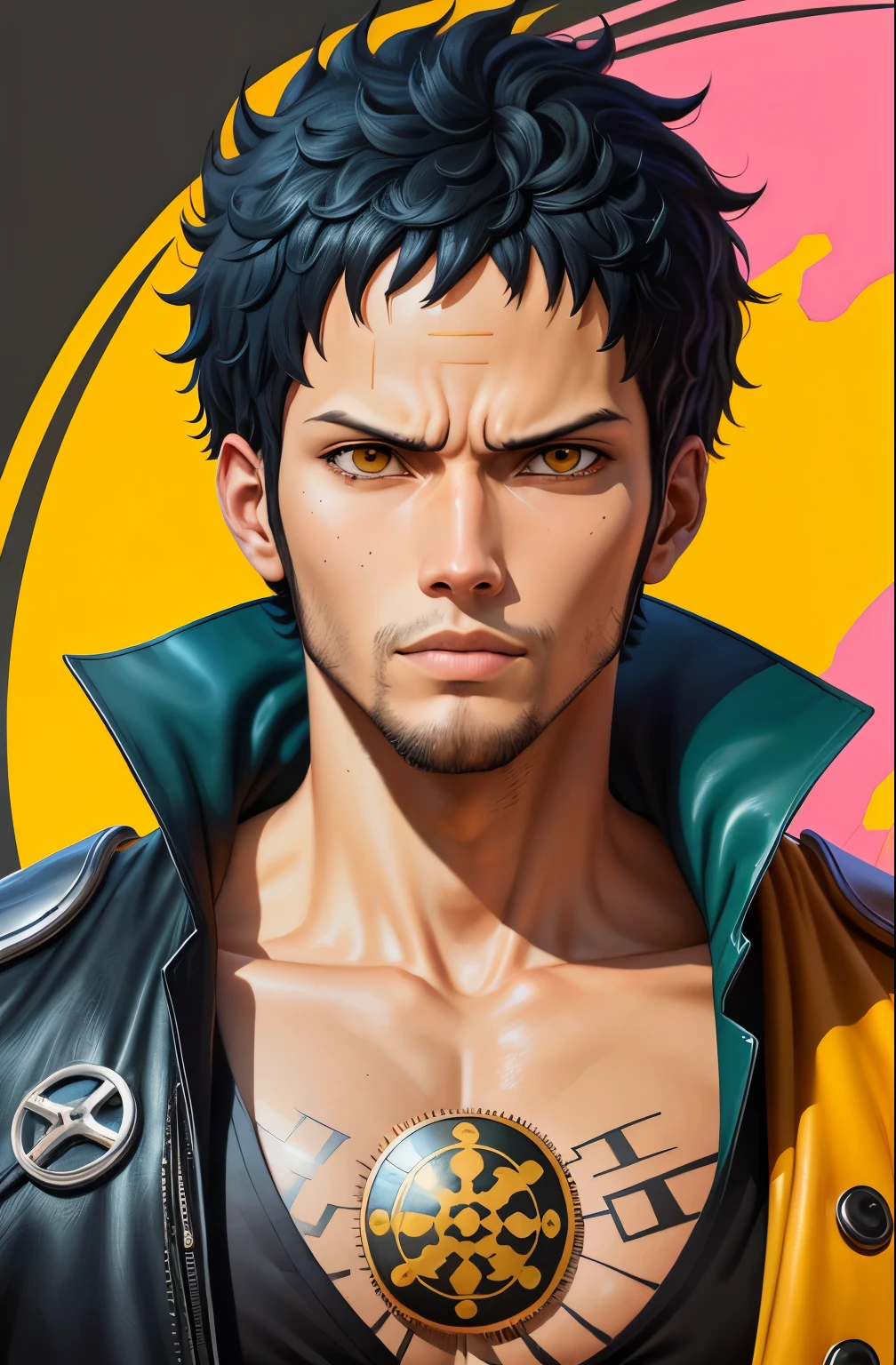 A highly detailed, realistic digital painting of [trafalgar d water law] from [One Piece], looking directly at the camera with a [emotion] expression. Vibrant colors, cinematic lighting, and intricate details in the character's face and outfit ,stylized, minimalist vector illustration of [trafalgar d water law] from [One Piece], using bold lines, flat colors, and negative space to capture their essence. The illustration has a modern, trendy aesthetic