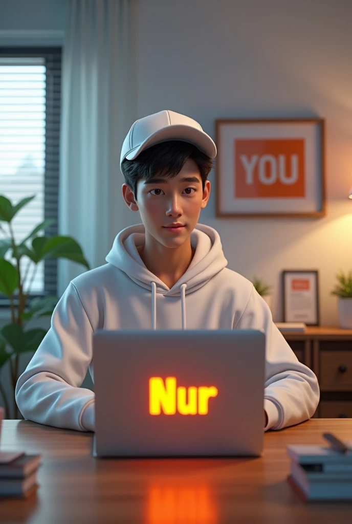 

A 3d realistic 20-year-old  room . He setting laptop table and he is looking camera He is wearing white clothes with a cap, and the name Nur is written on the Laptop in Orange Colour.
And a You logo face logo photo fram holding on back wall.