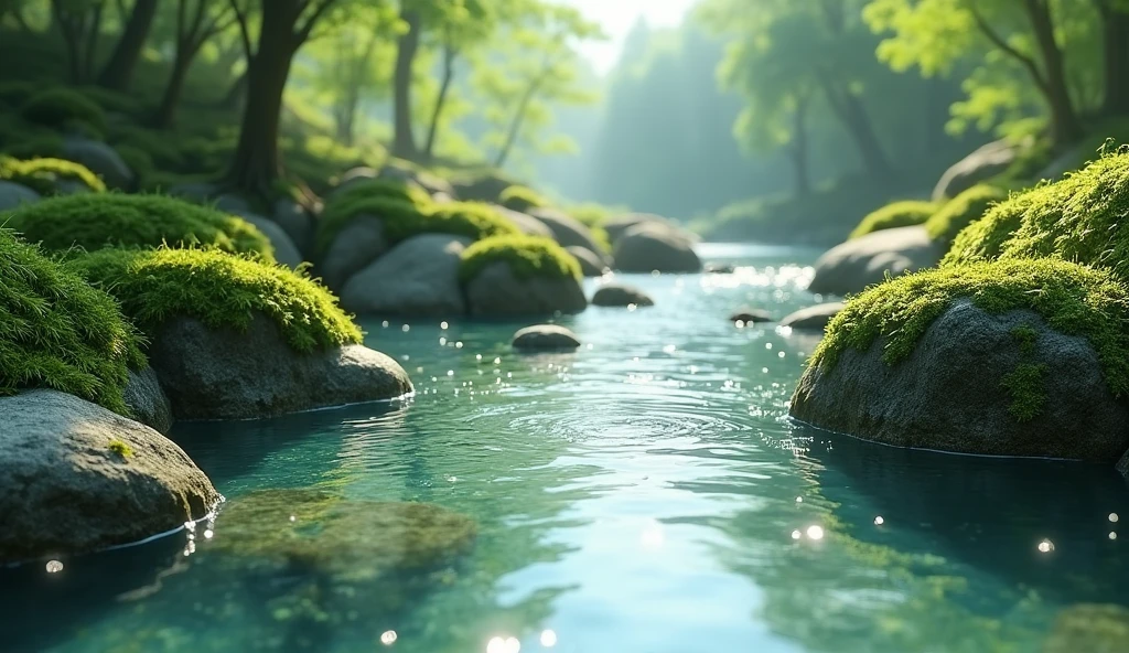clear flowing river water and mossy rocks 