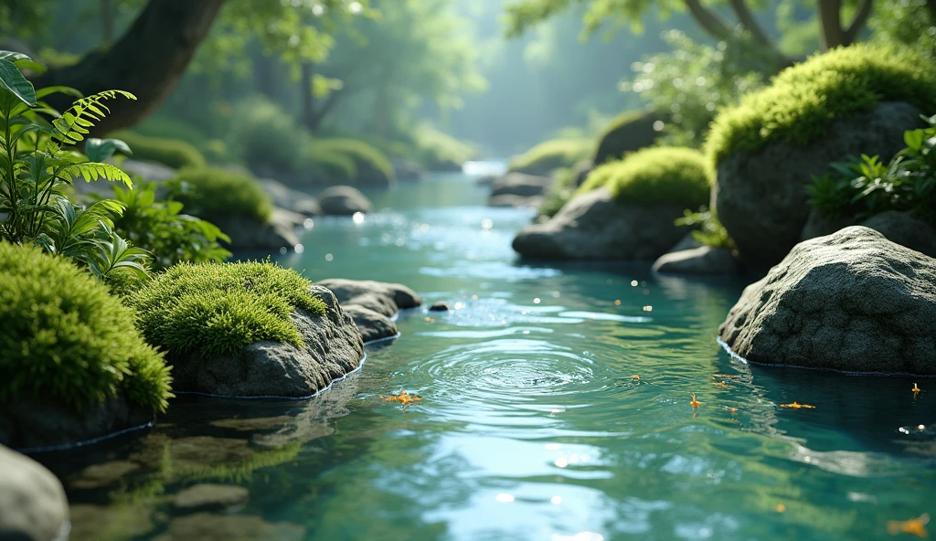 clear flowing river water and mossy rocks 