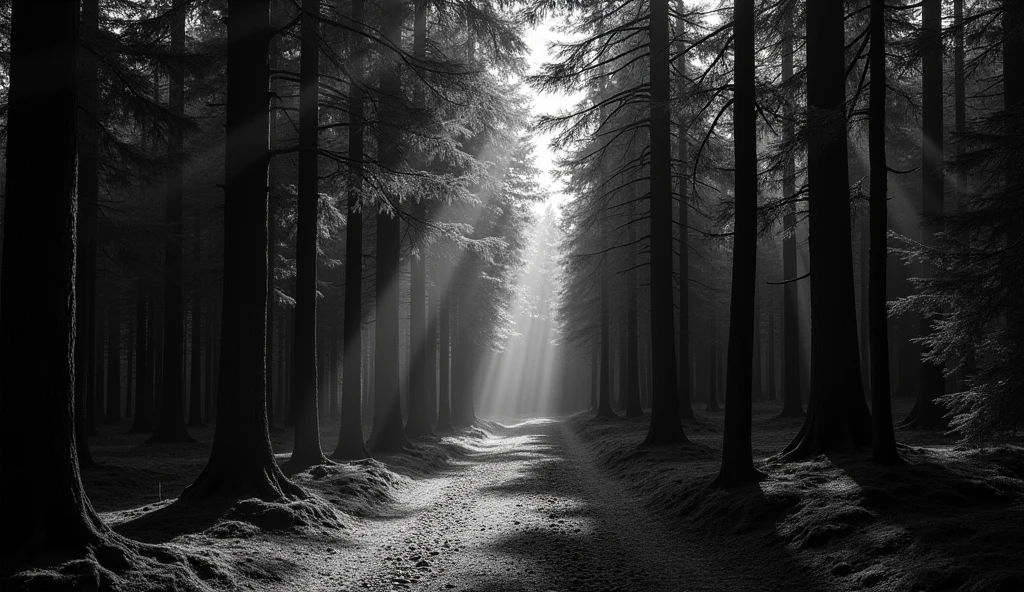 A high-contrast black-and-white image of a dense forest, with deep shadows creating stark contrasts between the dark tree trunks and the bright, sunlit patches of the forest floor. The interplay of light and shadow adds dramatic intensity to the scene.
