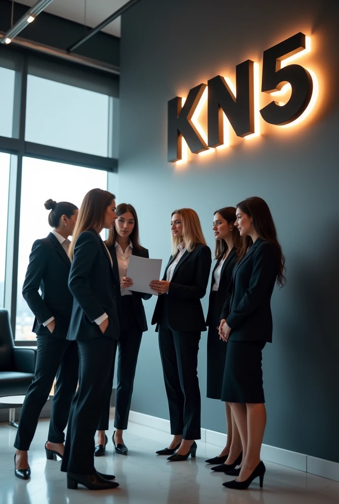 Team of Women in Business Suits Inside a Company with Capital Letters written on the Background Wall "KN5" in high relief