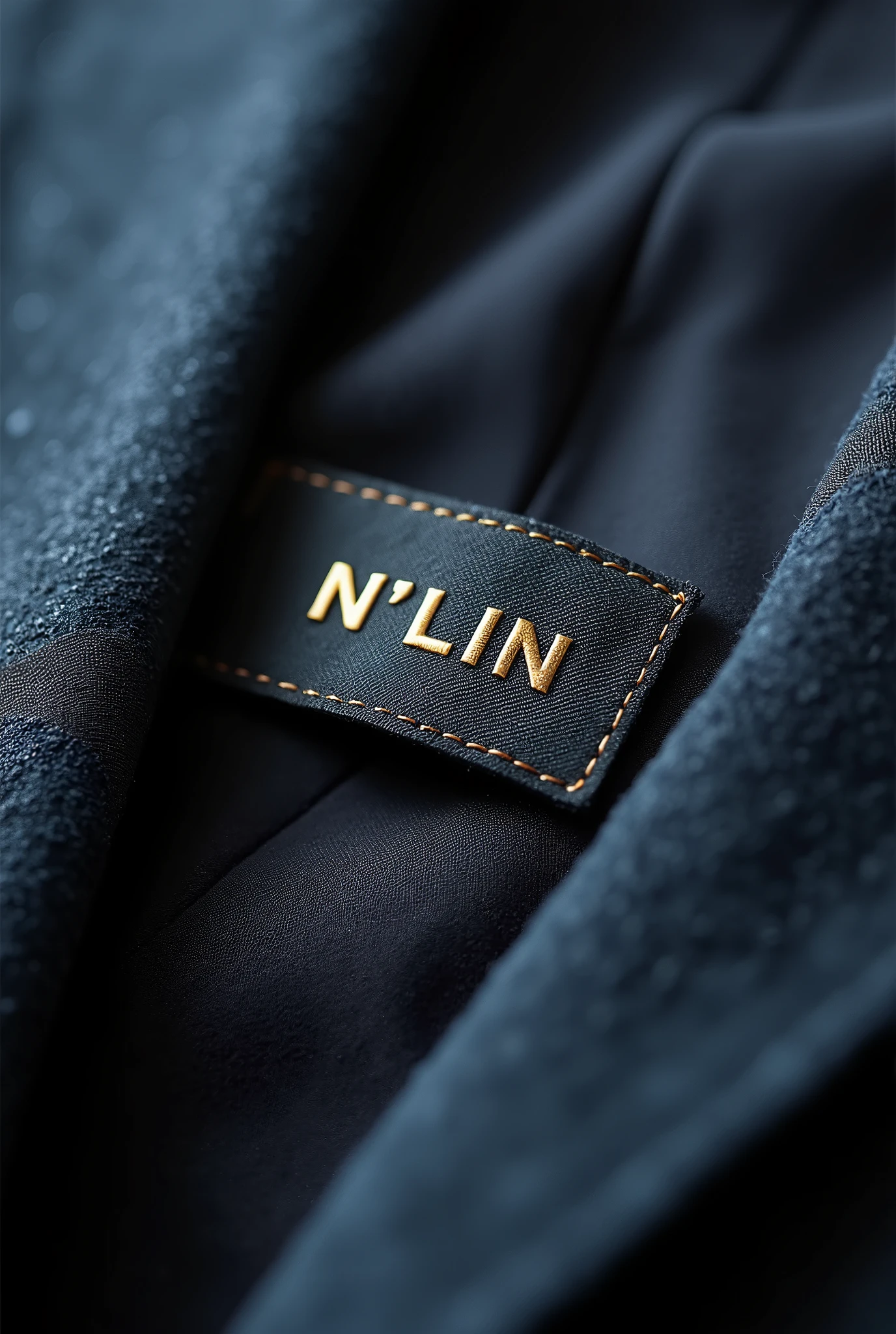 A close-up image of a clothing label on a high-quality, luxurious garment branded as "N'lin." The label should be made of fine fabric, stitched with precision, and should exude a sense of sophistication and luxury. The background of the label should subtly reflect the quality of the garment, with soft lighting to enhance the texture and elegance of both the label and the fabric