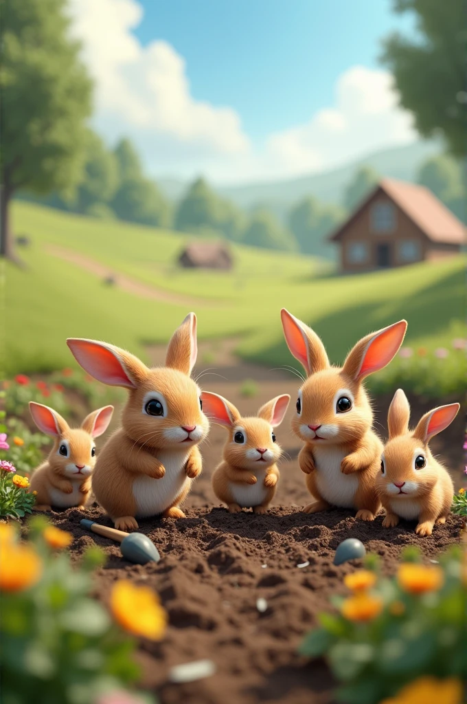 a picture of brown rabbits family doing work in farm they plant and plow with their tiny tools
