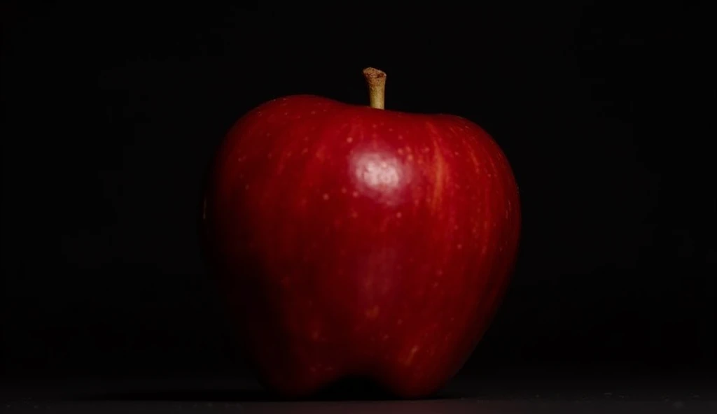 A close-up of a bright red apple placed against a dark, shadowy background. The strong contrast between the vibrant red of the apple and the deep black of the background creates a striking visual impact, highlighting the apple's glossy surface and crisp texture.
