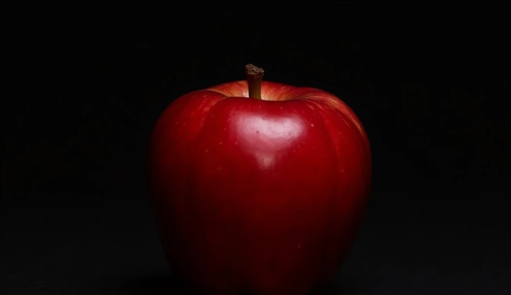 A close-up of a bright red apple placed against a dark, shadowy background. The strong contrast between the vibrant red of the apple and the deep black of the background creates a striking visual impact, highlighting the apple's glossy surface and crisp texture.
