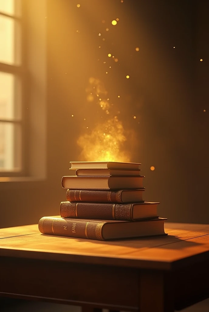 books on a table in the center of the image, film light and golden aura