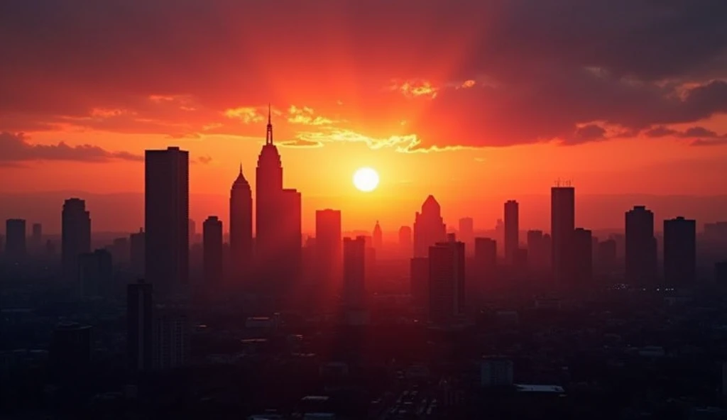 A city skyline at sunset with strong contrast between the dark silhouettes of the buildings and the fiery orange and pink hues of the sky. The dramatic contrast between the shadowed cityscape and the vibrant sunset emphasizes the transition from day to night.