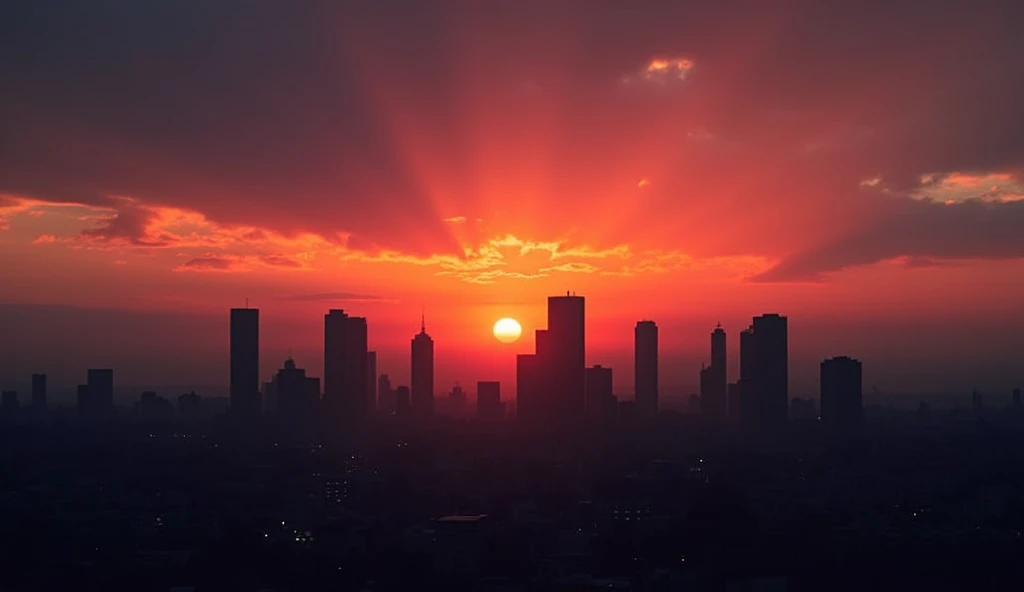 A city skyline at sunset with strong contrast between the dark silhouettes of the buildings and the fiery orange and pink hues of the sky. The dramatic contrast between the shadowed cityscape and the vibrant sunset emphasizes the transition from day to night.