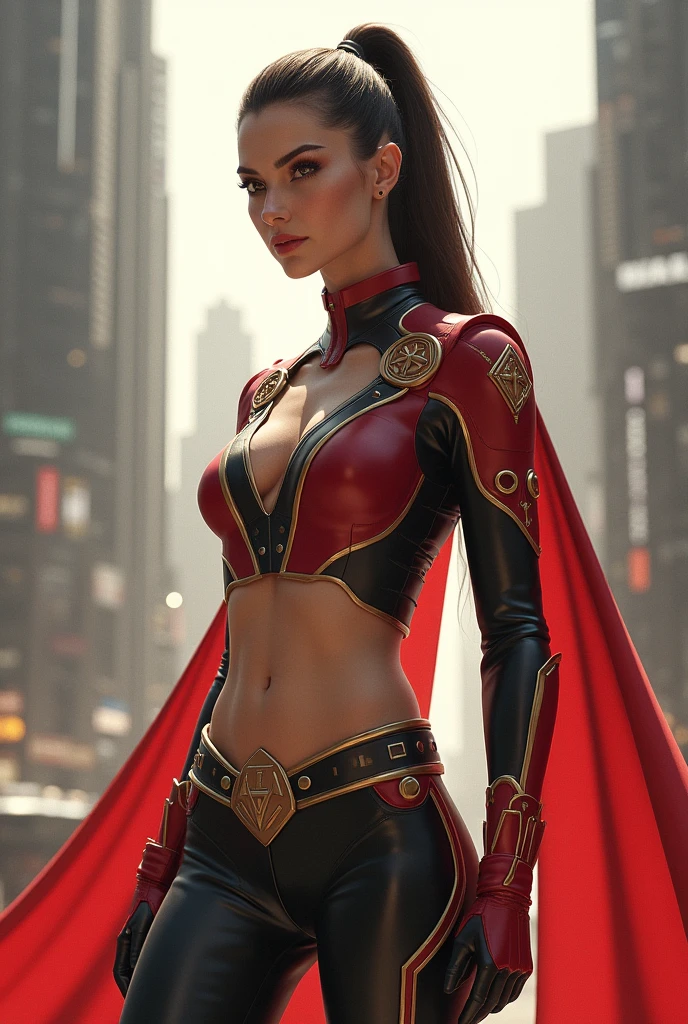 Padme Amidala wearing a belly button exposing superhero outfit