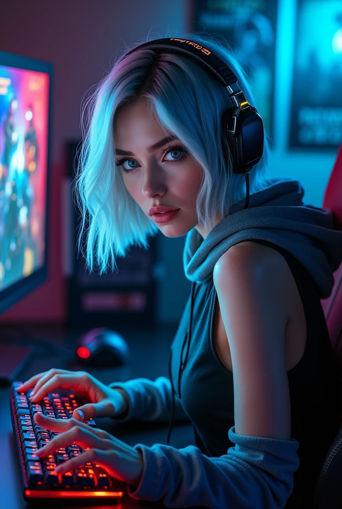 She look at camera, A beautiful and sexy 25 yo girl with an edgy silver and black bob haircut, big breast, her eyes shone with the bright light of the high-resolution computer screen. He was deeply involved in the fast-paced, futuristic cyber game, his fingers nimbly dancing across the keyboard as if it were an extension of his own mind. The sleek black frame of his gaming setup contrasts sharply with the electric blue streaks in his hair, which seem to reflect the digital world he's immersed in. Her skin-tight outfit was a mix of comfort and style, wearing a matching colorful gaming chair and a bright metallic-accented sleeveless hoodie that complemented her hair color scheme. The backdrop is a mix of dim lighting and colorful neon accents, creating an atmosphere of intense focus and digital escapism. The room is full of posters of his favorite games, shining in the dim light, and various gaming paraphernalia, showing his love for cyberspace. His concentration was evident as he strategized, his eyes flickering between the screen and the complex game controls before him. The scene is a dynamic portrait of a cyber gamer in his element, a modern warrior navigating the digital battlefield with skill and grace.