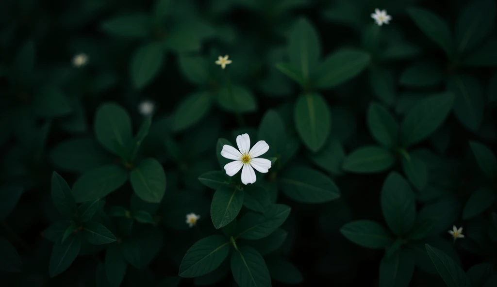 A photograph of a lone white flower in a field of dark green foliage. The high contrast between the bright white petals and the deep, shadowy leaves around it creates a focal point, drawing attention to the delicate beauty of the flower.