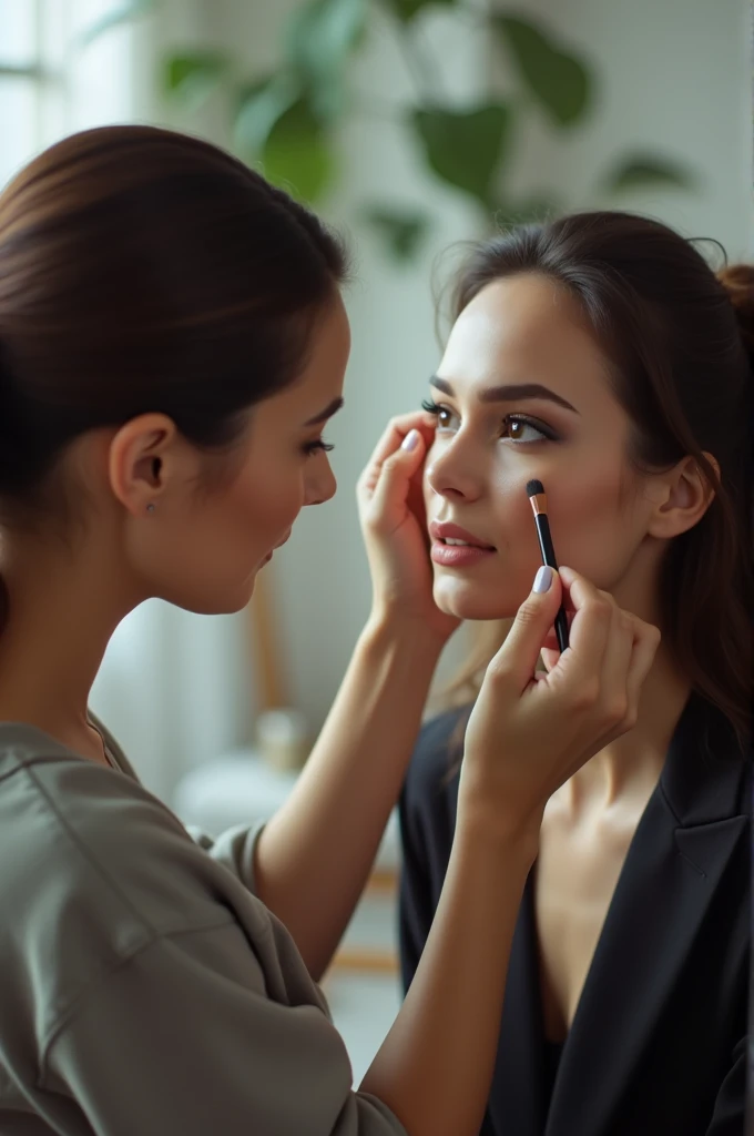Image of a model and a makeup artist applying makeup to the model