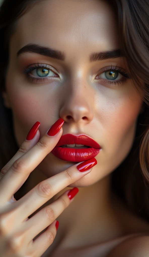 super close up photo, very detailed, high resolution, face of a beautiful woman, covering part of lips with perfect fingers, beautiful red nails, ultra high definition, 64K