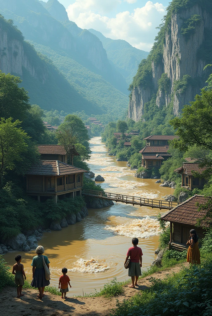 (photorealism:1.2), Sure! Here’s a visual prompt for each line of the story. Let me know if you would like any adjustments.
---
**1. "During the hottest summer in years, a small village lay nestled in a lush valley surrounded by towering mountains."**
*Visual Prompt:* A serene, small village nestled in a green valley, surrounded by towering mountains. The sky is clear blue with a blazing sun, casting long shadows on the quaint houses. The air seems heavy with the heat of the hottest summer.
---
**2. "The river that ran through the village, once a gentle stream, had swelled into a raging torrent due to unrelenting monsoon rains."**
*Visual Prompt:* A previously calm river now turned into a wild, fast-moving torrent. The riverbanks are overflowing, and the water is muddy and violent, with debris being carried downstream. The surrounding vegetation looks drenched and heavy with water.
---
**3. "Villagers watched in fear as the water rose higher and higher, threatening to engulf their homes."**
*Visual Prompt:* Villagers, standing in groups, looking worried and anxious. Their expressions are tense as they watch the rising water dangerously close to their homes. Some are holding their children close, while others are pointing at the floodwater with concerned gestures.
---
**4. "Old wooden bridges that connected parts of the village began to creak and groan under the pressure of the rushing water."**
*Visual Prompt:* An old wooden bridge over the swollen river, with water rushing violently underneath. The bridge looks strained, its wooden beams creaking and slightly bent under the pressure. The scene is tense, with the threat of collapse imminent.
---
**5. "Despite the danger, some villagers worked tirelessly to reinforce the riverbanks with sandbags, hoping to save their homes."**
*Visual Prompt:* Villagers, some young, some old, are working together to stack sandbags along the riverbank. They look determined and focused, despite the clear exhaustion on th