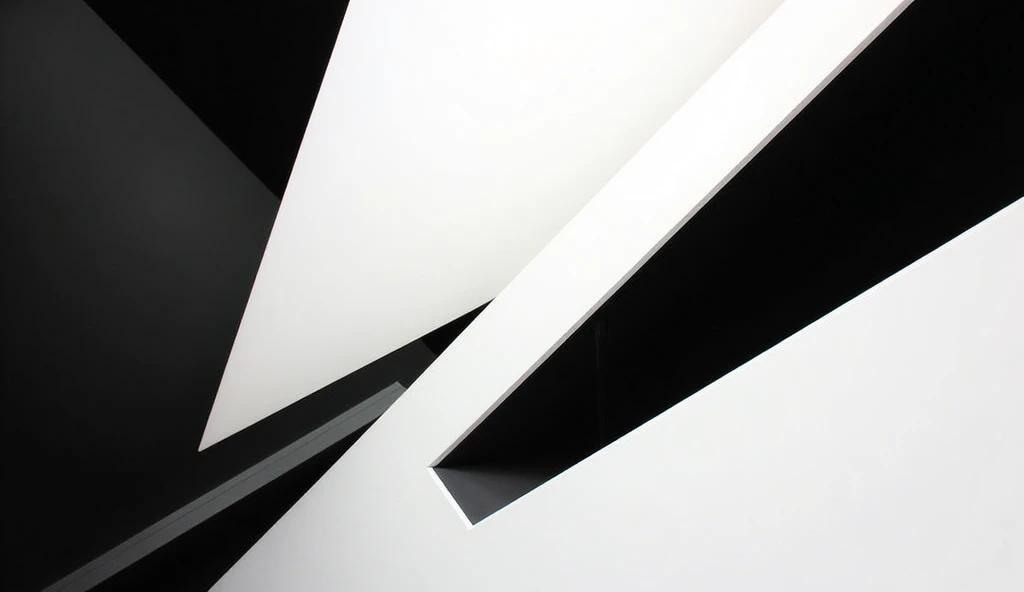 An abstract image featuring bold geometric shapes in black and white, with strong contrast between the two colors. The sharp edges and distinct separation between light and dark areas create a dynamic and visually engaging composition.
