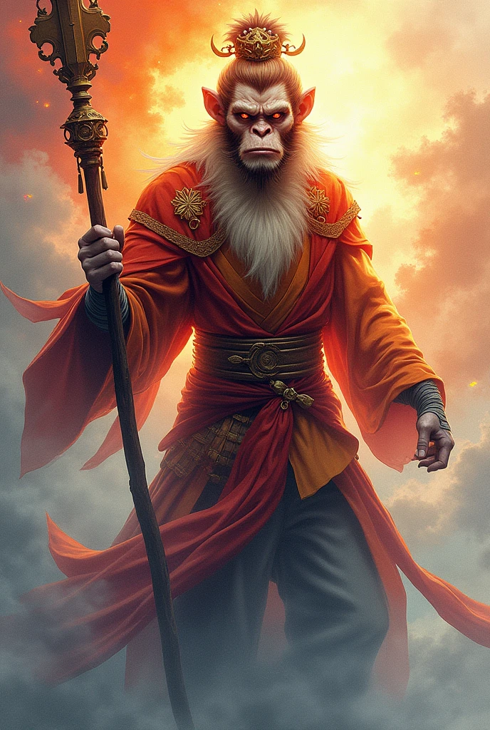 Monkey king woukong holding his Weapon , super detailed colourful, water colour type, glowing background masterpeice with high details,extra details,flaming eyes highly detailed 