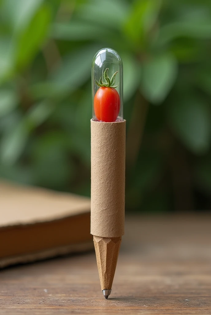 Writing pen made of corrugated cardboard with a capsule at the tip, Inside the capsule there will be a tomato seed 
