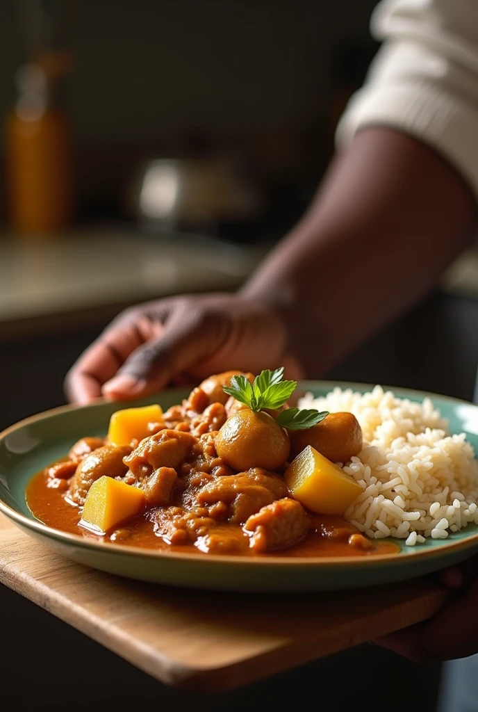 Mon epoux nigerian a cuisiné un bon plan curry pomme de terre et dinde jaimerais une photo avec le bras de mon mari,il a la peau foncé et un pkat avec du riz basmati parfumé et chaud avec un curry indien pomme de terre et dinde