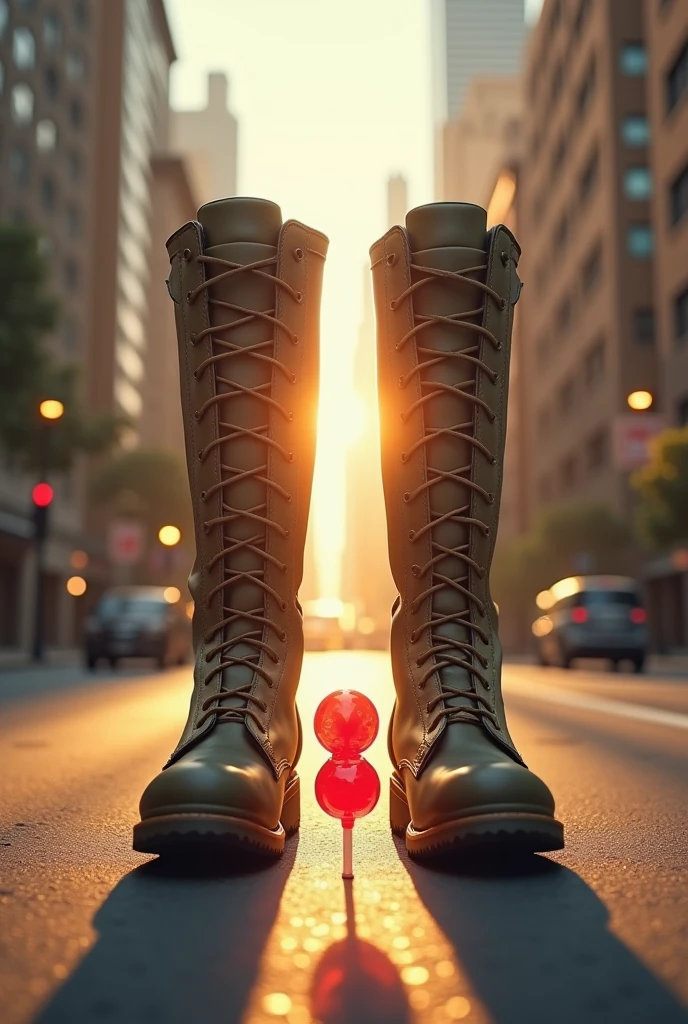 In the middle of the street, a pair of military boots protects a sucker. A halo of light surrounds the sucker. In the background, the buildings reveal the beautiful light of a sunny day.