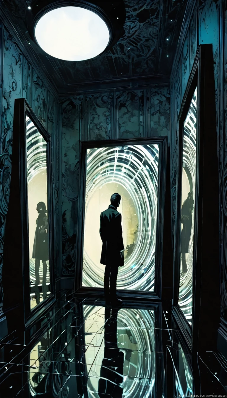scenery, (no humans:1.5), (infinity mirror:1.5), (facing mirrors:1.5), opposite mirror, mirror in mirror, countless mirror, indoors, dark, horror (theme), (masterpiece), (best quality), (ultra-detailed), (hires), (illustration), art inspired by Bill Sienkiewicz and Dave McKean