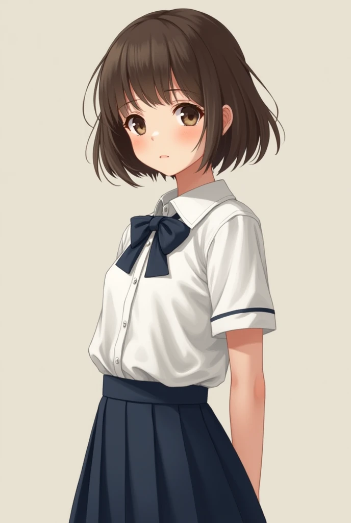 A  girl with short brown hair and brown eyes and a school uniform