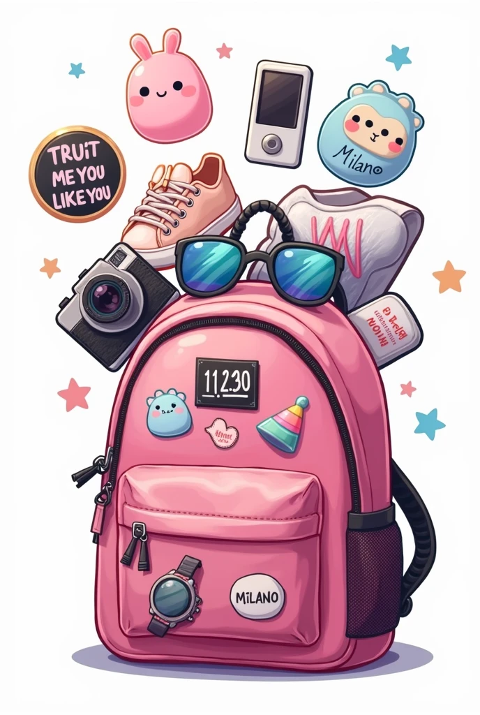 a charming pink backpack realistic digital art (cutest with cartoon style squishmallows,) with several items coming out of it. These items include a pair of sneakers, sunglasses, a camera, an iPod with headphones, a wristwatch and a smartphone displaying the time 12:30. The backpack has several patches and pins with different designs, como estrelas, texts and logos. A patch says "Trust me you’ll like it!" while another has the text "Milano." The image represents a modern youth culture full of technology and fashion accessories.. the outline could be thinner