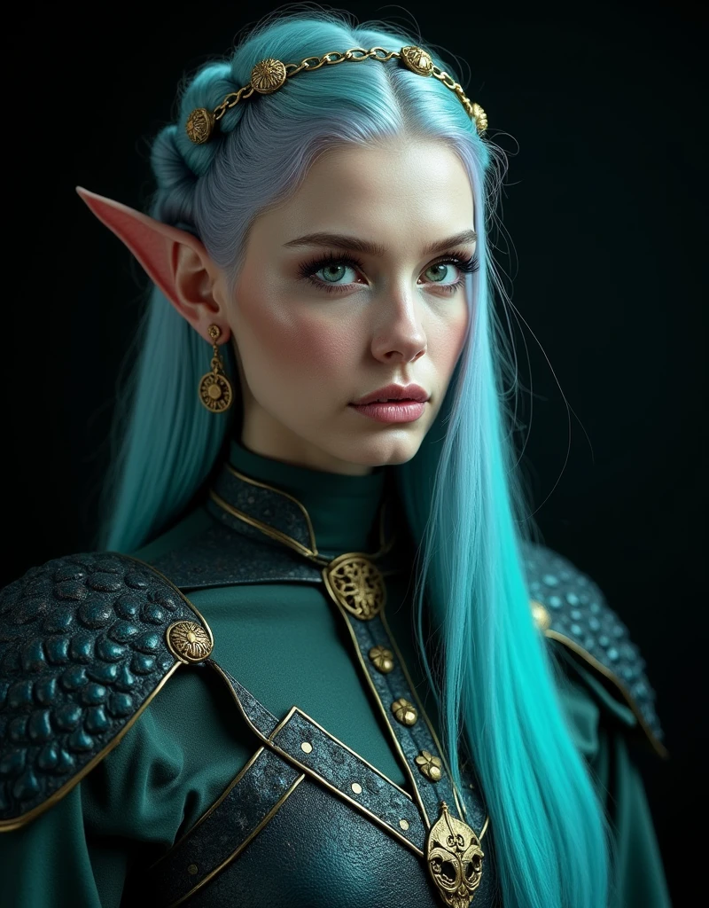 VALKYRIE WOMAN WITH AN HYBRID FACE BETWEEN CLAUDIA SCHIFFER AND GISELE BUNDCHEN , WARRIOR WOMAN, BUST IMAGE STYLE, STUDIO IMAGE STYLE, BLACK INFINITE BACKGROUND, DIFFUSED LIGHTS ON FACE, BACK LIGHTS ON HAIR, LUMINOUS PINK BLUE GREEN HAIR, CLOSE FACE SHOT, HUGE LONG HAIR, HUGE STRAIGHT LONG HAIR, BRAID HAIR STYLE, PLATINUM EYEBROWS, VERY PALE SKIN, LUMINOUS SKIN, FEMALE FAIRY, TOLKIEN MITHOLOGY, EXPOSED LONG TIP EARS, HIGH CHEEKBONES, ROSY CHEEKS, GORGEOUS LIPS, SOFT LIPSTICK, GORGEOUS CURVY BODY, SOFT MUSCLES, VOLUMOUS BREASTS, BLUE GREEN ARMOUR, FULL BODY ARMOUS, FLAT BOOTS, NECK CLEAVAGE, LONG BRACELETS, GOLD DETAILS, GOLDEN HEADBAND , ENIGMATIC FACE EXPRESSION, SIDE FACE VIEW, EYES LOOKING UP, TOLKIEN MITHOLOGY, HIGH QUALITY IMAGE, MASTERPIECE, 8K