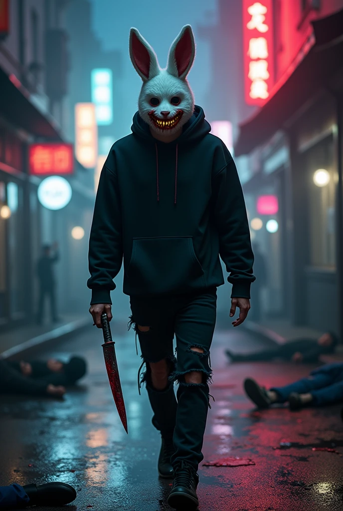 lizoldBS_soul3142,1 male, furry White bloody rabbit mask with creepy smile and yellow bloody teeth , completely Black hoodie, standing in the city street at night, neon lights in the background, steampunk, dystopia, ethereal, detailed, masterpiece, best quality, dramatic lighting, full body, torn Black pants, blood stains, walking to camera, holding ritual knife in the right hand, dead bodies in the background