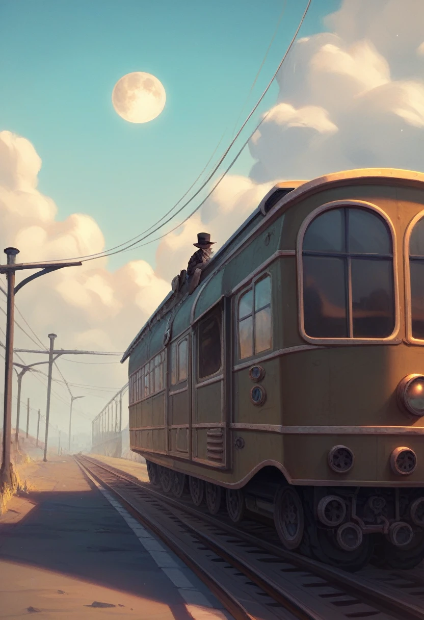 Steampunk world,Sepia tone,Bright view in the daytime,A train with a lavishly decorated exterior,Many railways run,A big moon is floating in the sky,Watching the train from a short distance,hight resolution,hiquality,4K picture quality,No people