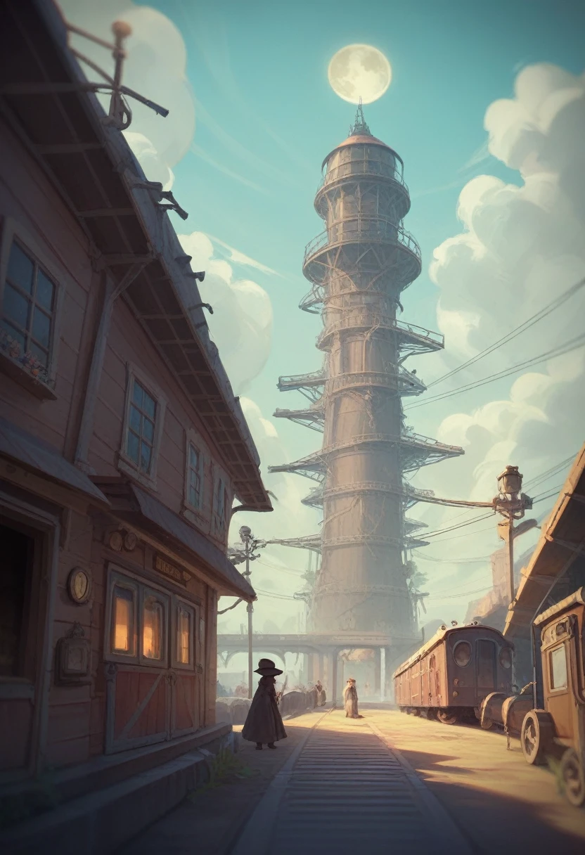 Steampunk world,Sepia tone,Bright view in the daytime,A train with a lavishly decorated exterior,Many railways run,A big moon is floating in the sky,Watching the train from a short distance,hight resolution,hiquality,4K picture quality,No people