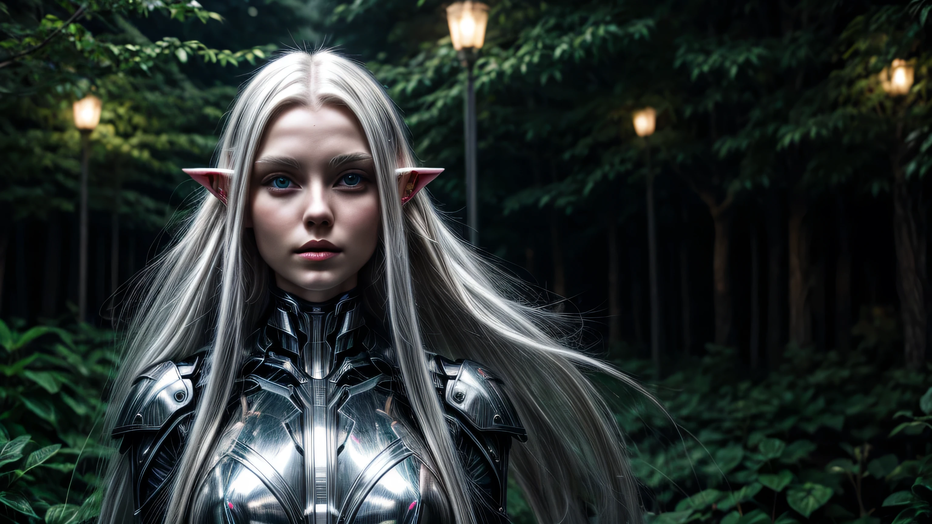 cybernetic elf girl, long platinum hair, light dark garden