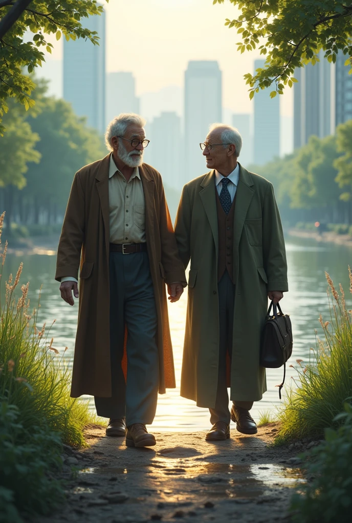 An old wisdomic man leading A young ambitious rich man from the city to a riverbank facing front
