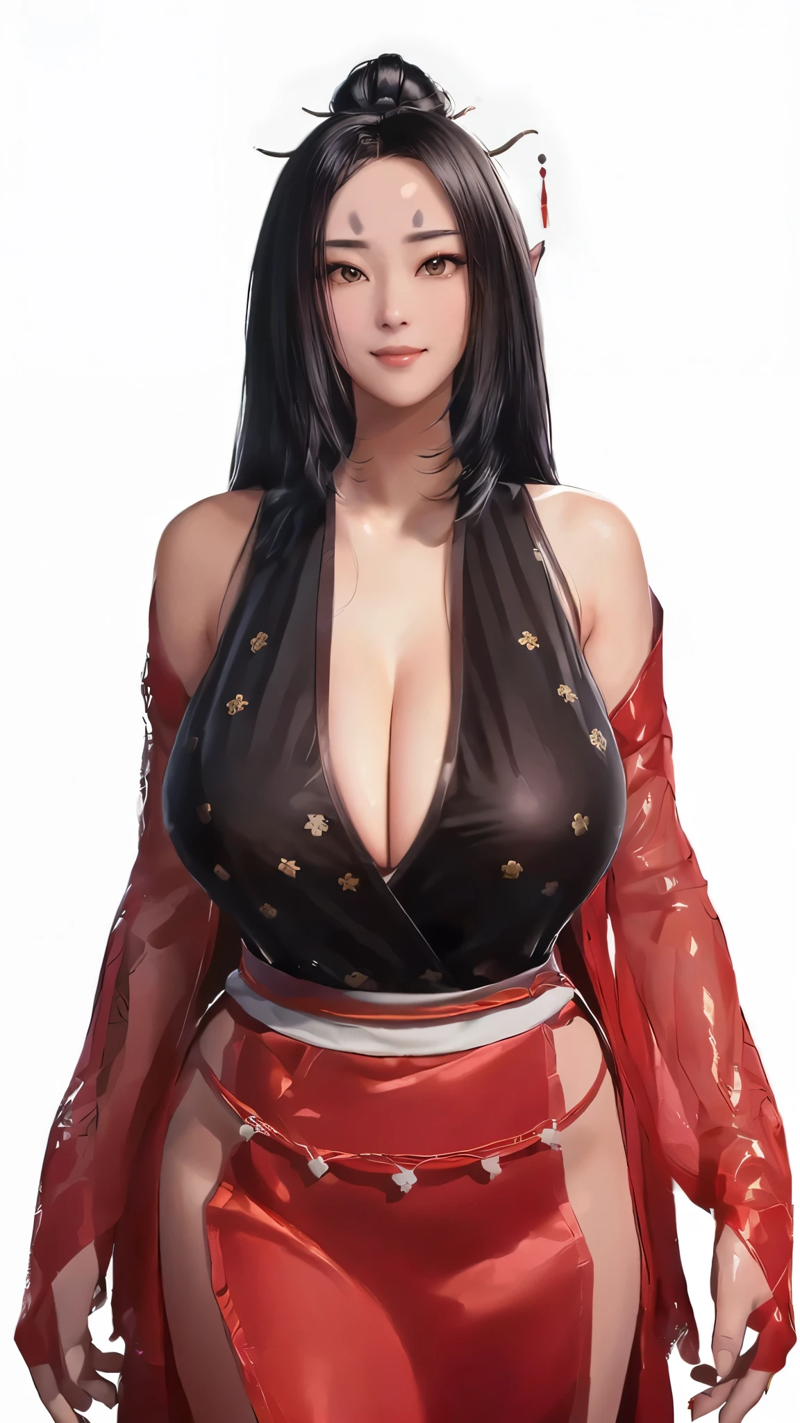 (（（Perfect body,（（（Ping Ping）））,（（（Black long hair））），((masterpiece)),high resolution, ((Best quality at best)),masterpiece,quality,Best quality,（（（ Exquisite facial features,Looking at the audience,There is light in the eyes,Smile））），From below，Looking up）））,（（（Light and shadow,Huge breasts，）））,（（（Looking at the camera,White background,)））)