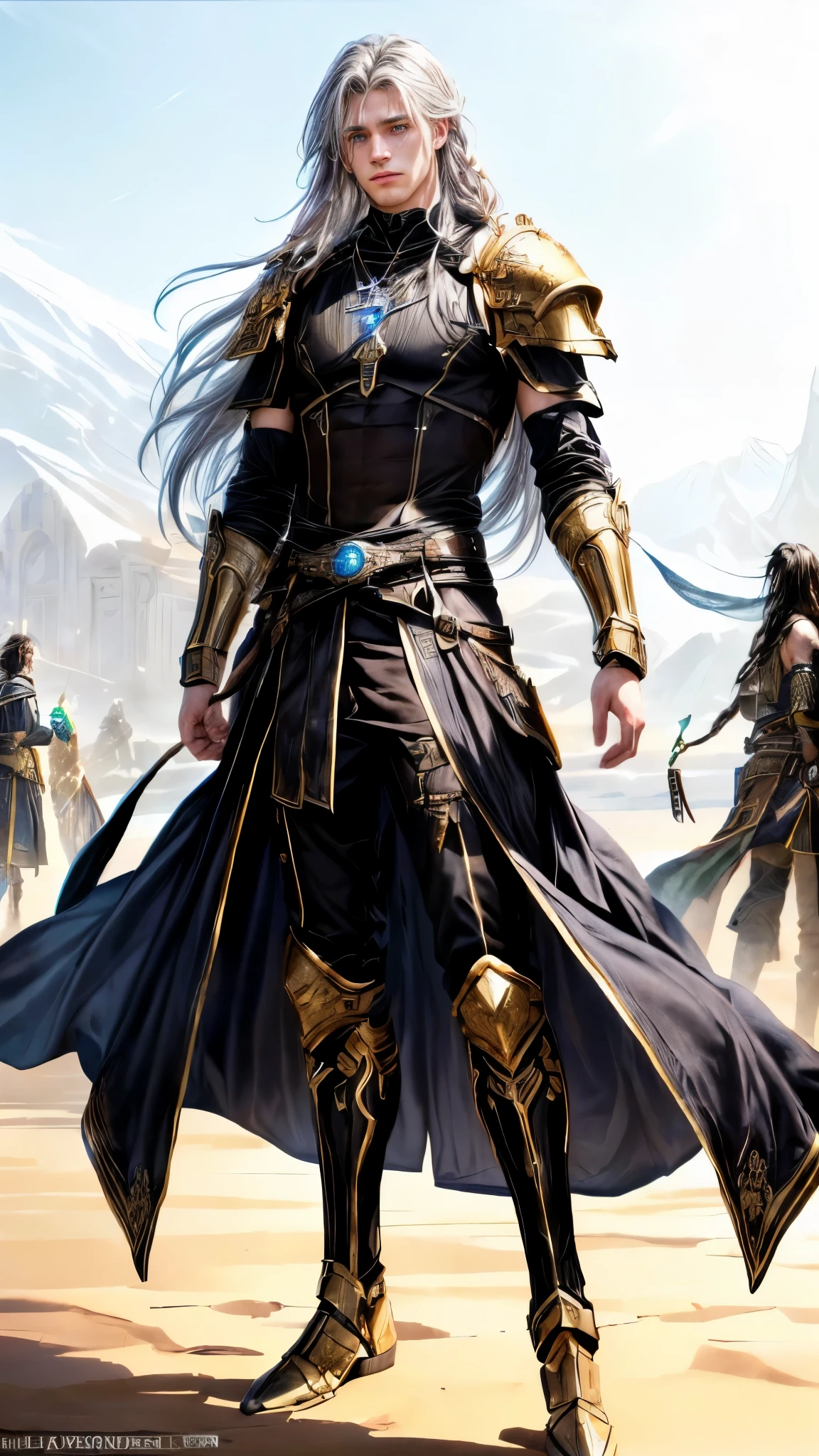 concept realistic art style. Setting: Baldur's Gate: A stunningly ethereal 20 year old male is depicted in a full body shot. His long gipsy braids black and brass hairs cascades around him, framing a dignified race of black-skinned men  with striking features. He's using rogue clothies and a pendant with aura, that is the source of his power. Striking ambar/green heterochromia eyes. A simple and elegant cloack goes up to his knees, the armbands, breastplate and grevas are adorned with silver and brass. This mesmerizing image, possibly a painting, is rich in detail and radiates a sense of dystopian beauty. Every element, from the man's delicate and soft features to the elaborate design of his tunic, is rendered with impeccable artistry, drawing viewers into a realm of loss and wonder. Desertic environment