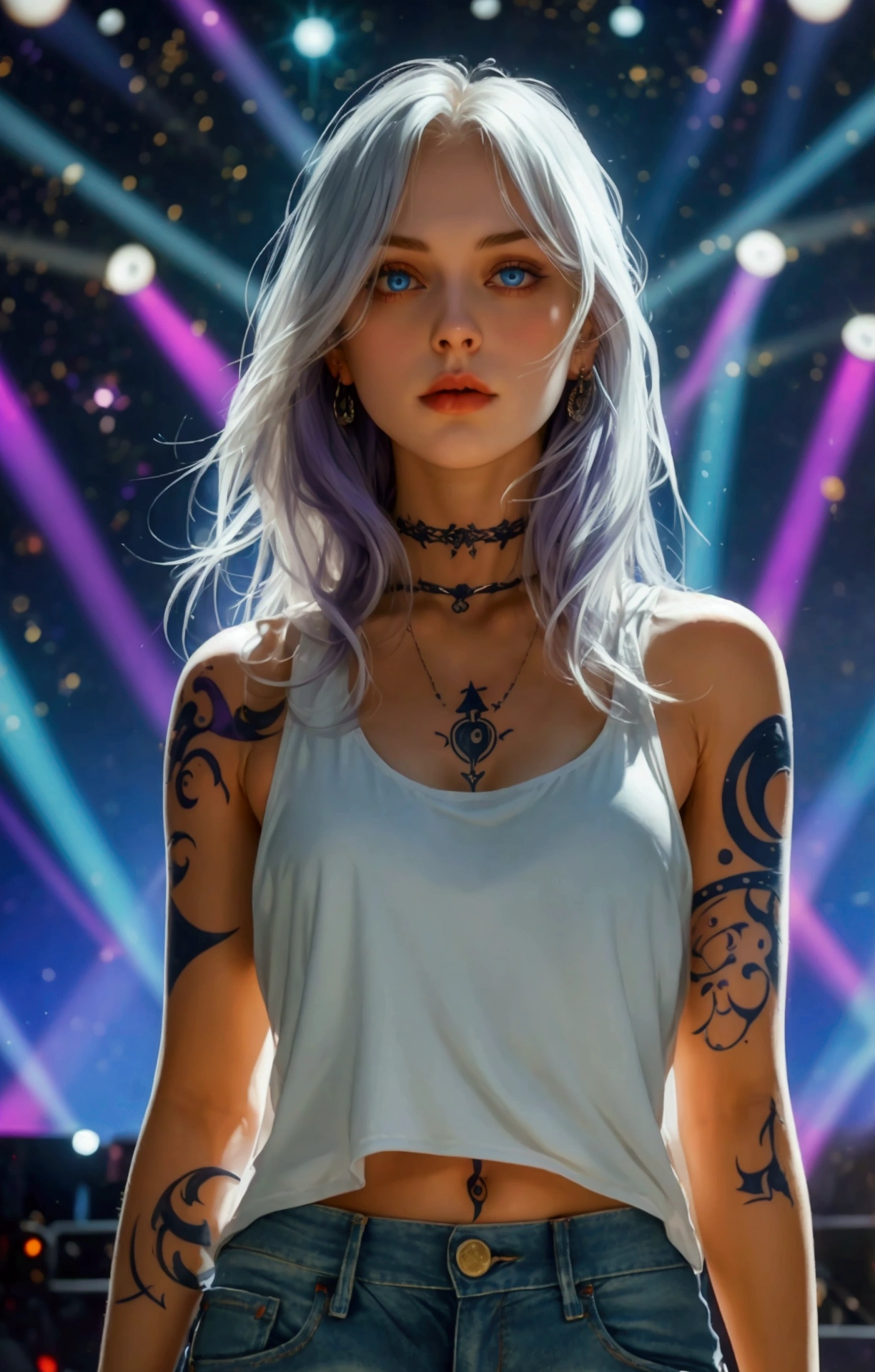 A twenty-sonething Norwegian woman, pale skin, chest-length silky raven hair, blue-purple eyes, full lips, an hourglass body, and a forearm tattoo of a full moon with two crescent moon on either sides. Wearing a white tank top and denim shorts. Settingo stage during rock concert.