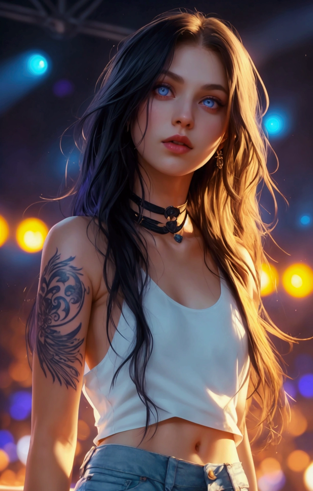 A twenty-sonething Norwegian woman, pale skin, chest-length silky raven hair, blue-purple eyes, full lips, an hourglass body, and a forearm tattoo of a full moon with two crescent moon on either sides. Wearing a white tank top and denim shorts. Settingo stage during rock concert.