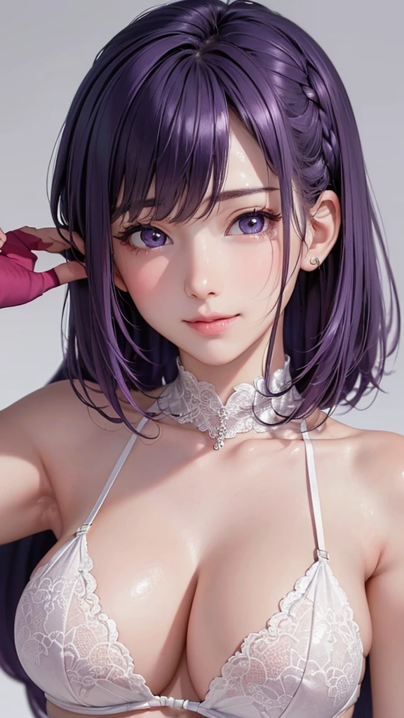 Best Quality,High resolution,8k,(plain white background, no patterns, no textures, just a plain white background:1.3),Masterpiece:1.2),beautiful girl,Big Breasts,(Shiny purple hair:1.3),bob cut,Beautiful purple eyes,delicately patterned underwear,garter belt,Gentle look,A refreshing look,smile,Best quality,Best Quality,Aesthetic and aesthetic:1.2,Best details((Super detailed))(High-definition CG illustrations),Slender body,smile,blush,cute,Scrounge,Looking up,Being spoiled,(Lying on your back,lie down),shoot from above