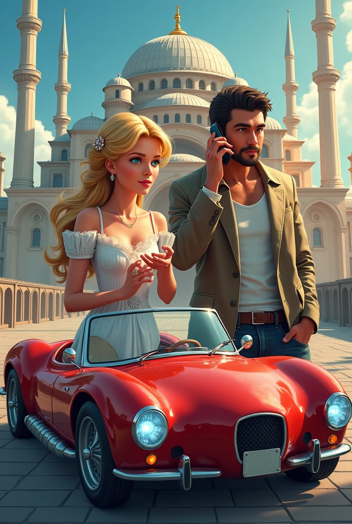 Create the cover for my book A Princess in Turkey for me. Put the title in Brazilian Portuguese and my author name. Kelly Ramos. Add a building in the background and a convertible car from the year 2023 to the cover of the book.,a princess dressed in dresses circa 1910 , his dark blond hair and blue eyes with a magic ring in his hand and a man dressed in casual clothes handsome and masculine man holding a cell phone talking in his ear make the image as human as possible very realistic