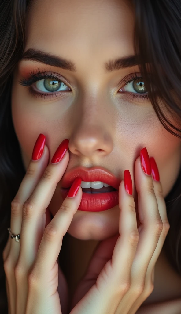 super close up photo, very detailed, high resolution, face of a beautiful woman, covering part of lips with perfect fingers, beautiful red nails, ultra high definition, 64K