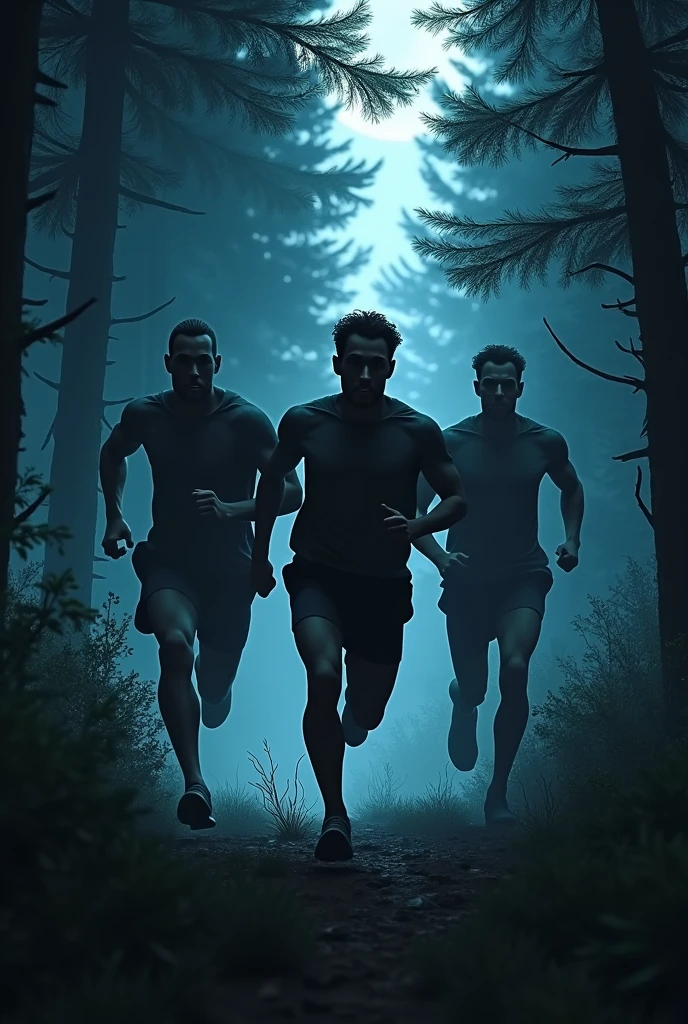 3 men running in the forest at night