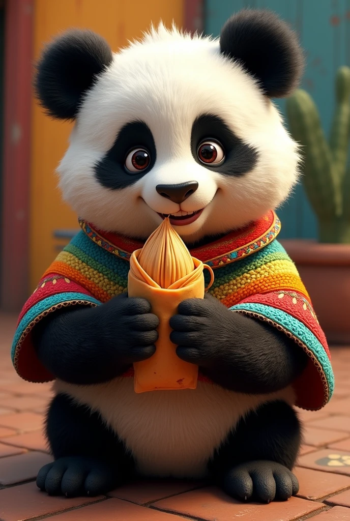 Draw a semi-realistic panda with a smile and a determined look. I want him to wear a native and colorful poncho. I want him to be eating a tamale (corn dough) with chili.