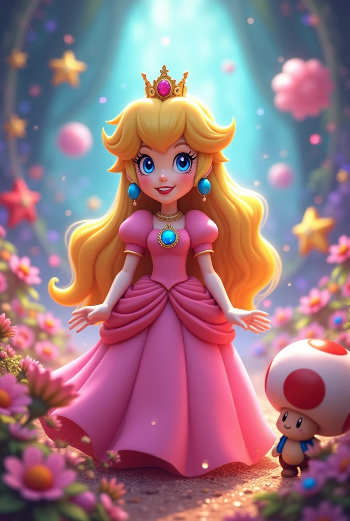 (pixar style:1.2), princess peach, background colourful, magic background, toad
