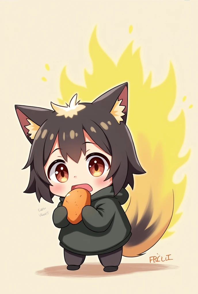 1 Human Girl、anime、animeチック、Skunk Ears、Skunk's Tail、child、Sprays yellow mist from his butt、Embarrassing、Fart、solo、Turn your back、Eating sweet potatoes、Hold on