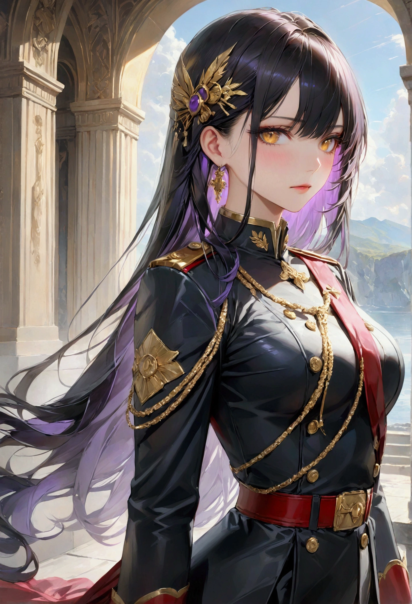 Long smooth straight black hair, inner colored dark-purple hair, golden eyes, standing in military uniform,masterpiece, super detail, best quality, 8k,semi-realistic